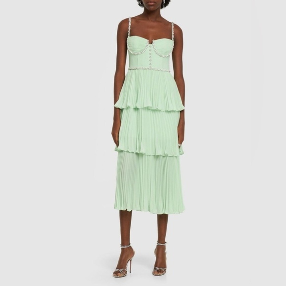 New SELF-PORTRAIT - Tiered Chiffon Midi Dress W/crystals